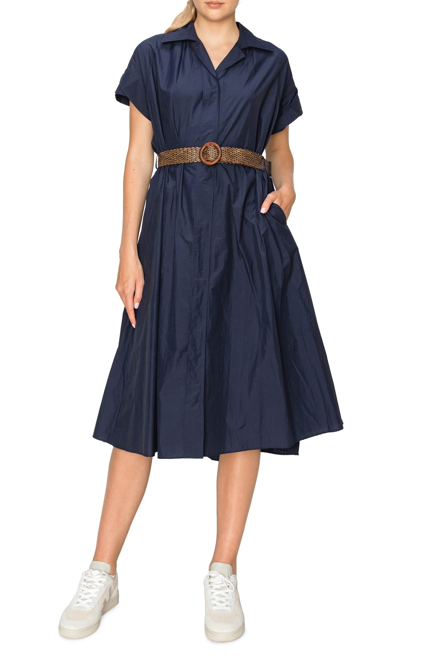 MELLODAY Belted Midi Shirtdress, Main, color, Navy