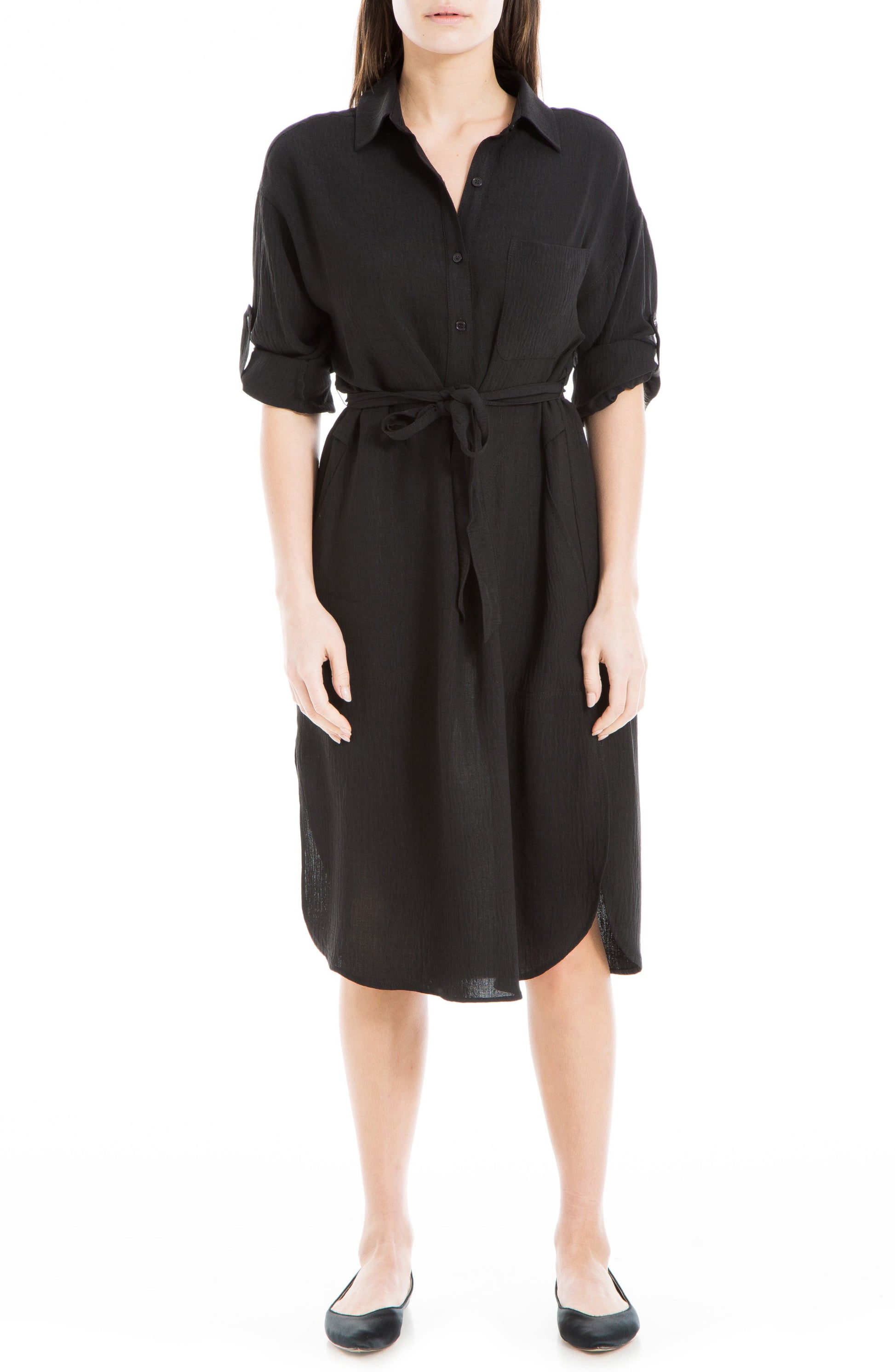 MAX STUDIO Roll Tab Sleeve Shirtdress, Main, color, BLACK