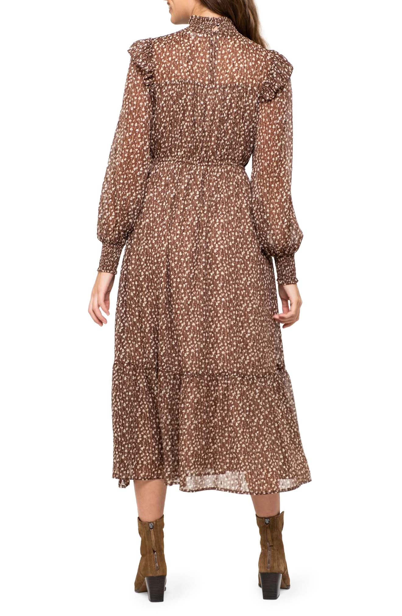 AUGUST SKY Ditsy Long Sleeve A-Line Midi Dress, Alternate, color, BROWN MULTI