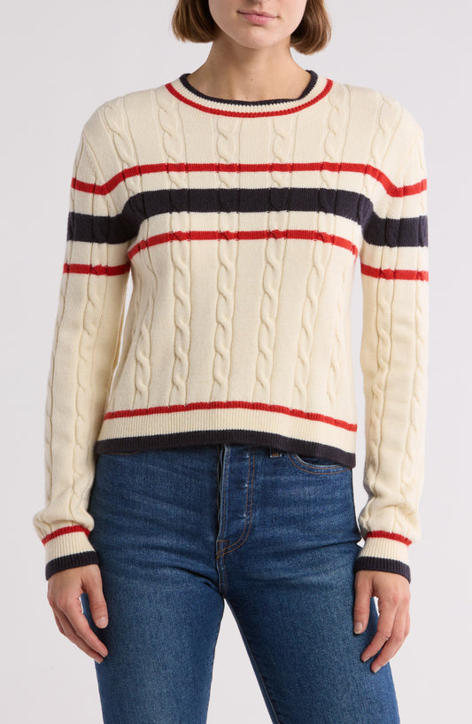 Vigoss Cable Prep Stripe Crewneck Sweater, Main, color, Creme