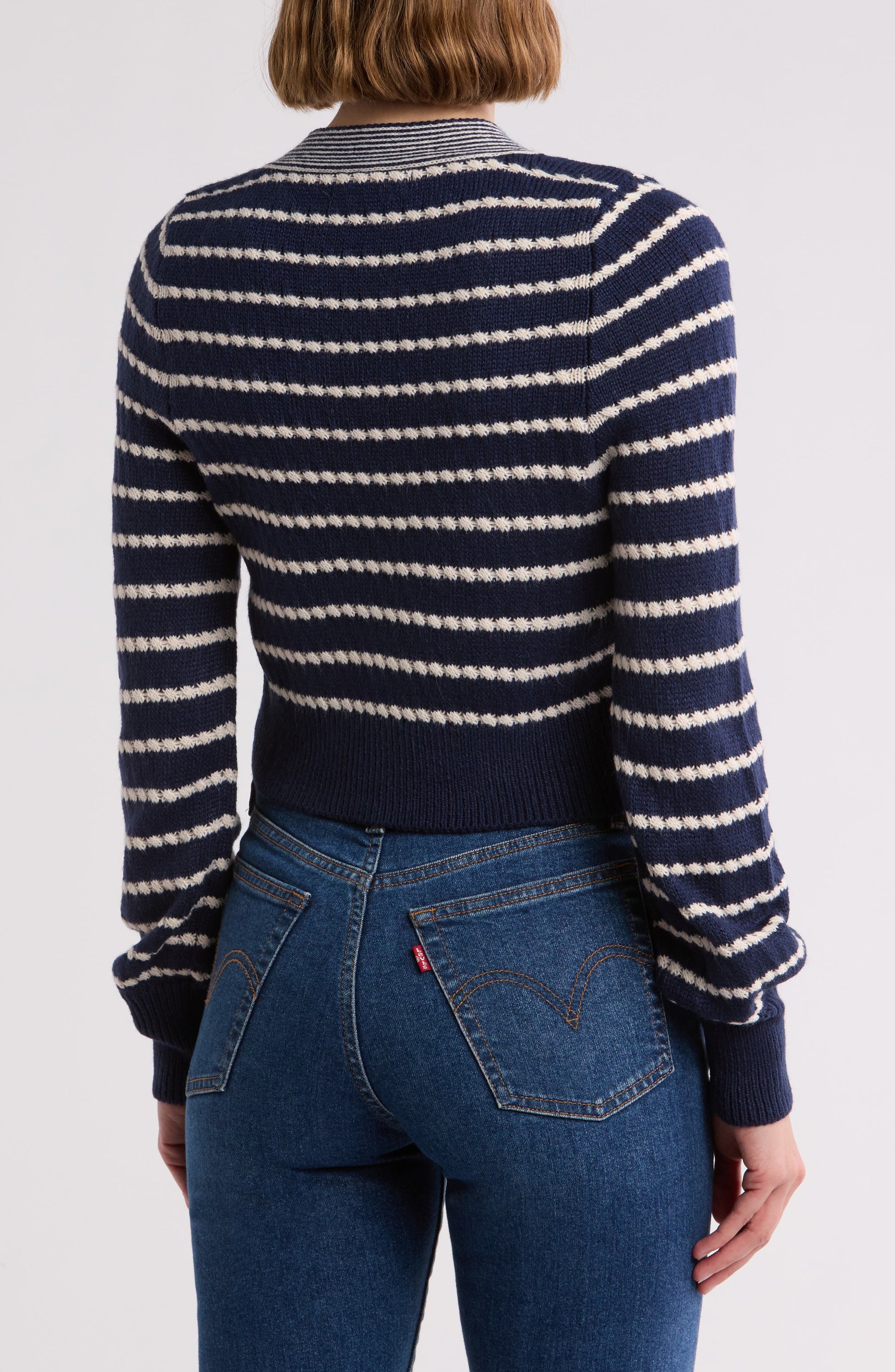 Vigoss Stripe Textured Bow Crop Cardigan, Alternate, color, Navy