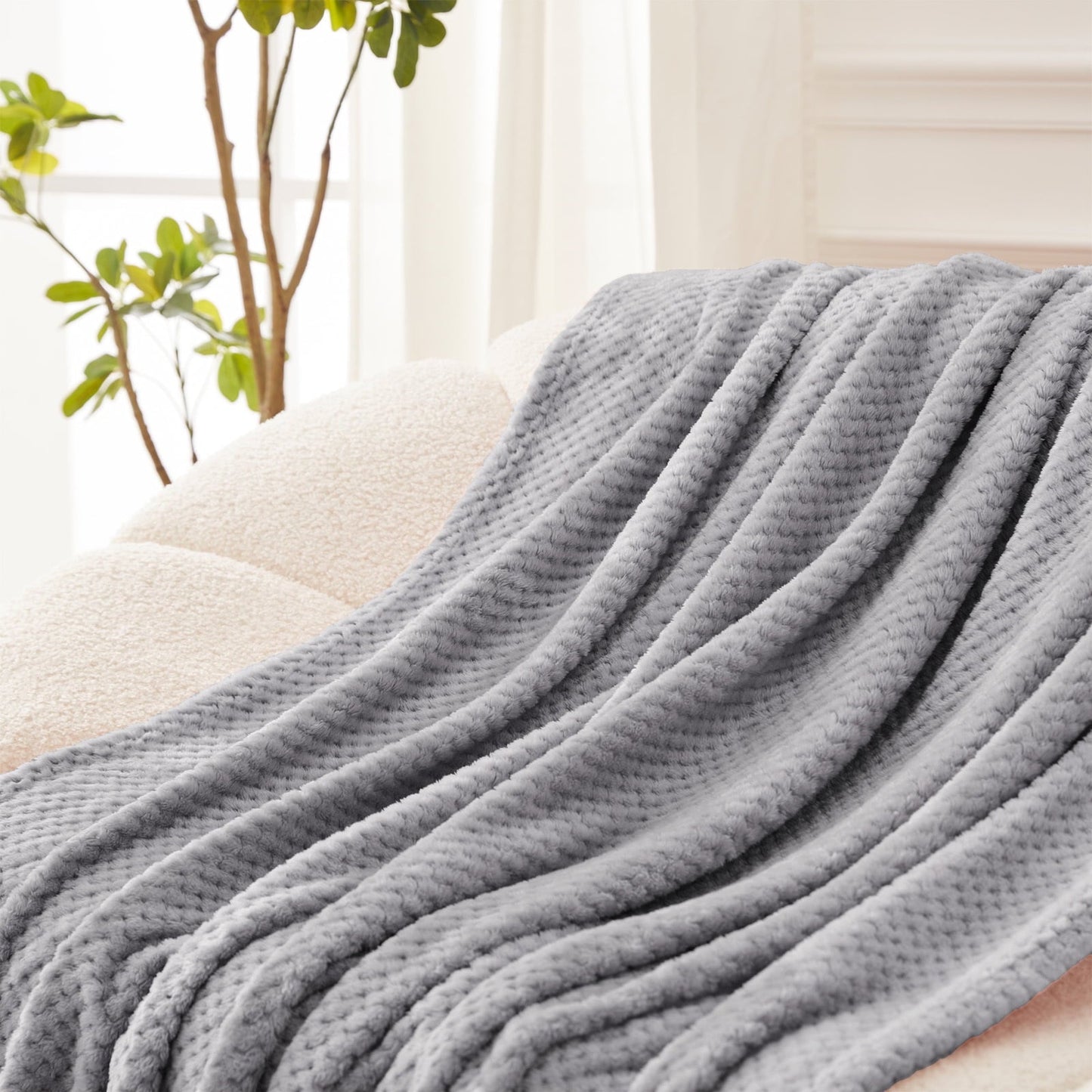 thumbnail image 4 of Exclusivo Mezcla Waffle Textured Extra Large Fleece Blanket, Super Soft and Warm Throw Blanket for Couch, Sofa and Bed (Light Grey, 50"x70")-Cozy, Fuzzy and Lightweight, 4 of 9