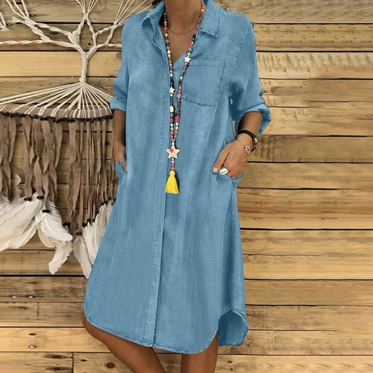 iOPQO summer dress Solid V Pocket Dress Long Sleeve Button Loose Denim Casual Women Dress Neck Women's Casual Dress Long Sleeve Maxi dress Scoop Neck Light blue - image 1 of 5