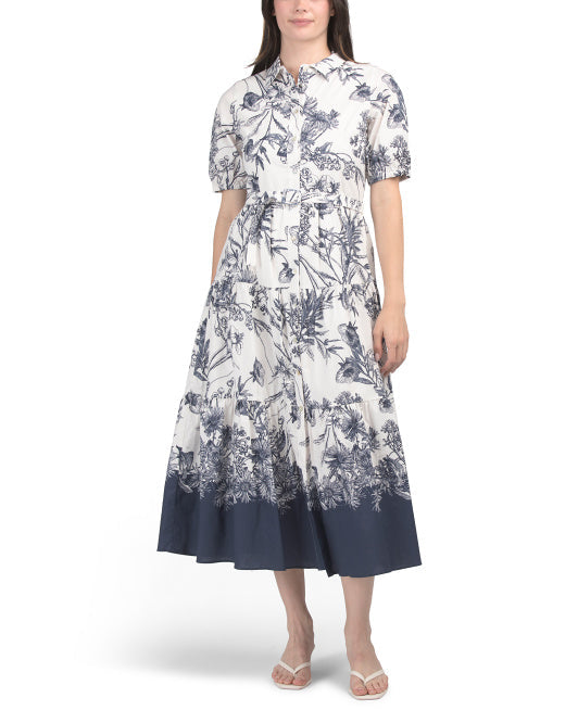 T TAHARI Short Sleeve Button Down Belted Dress With Tiered Skirt