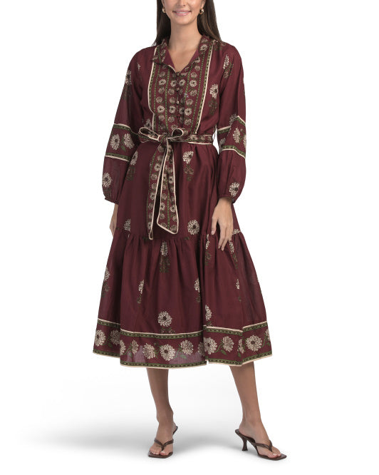 LEA Long Sleeve Floral Border Maxi Dress With Belt