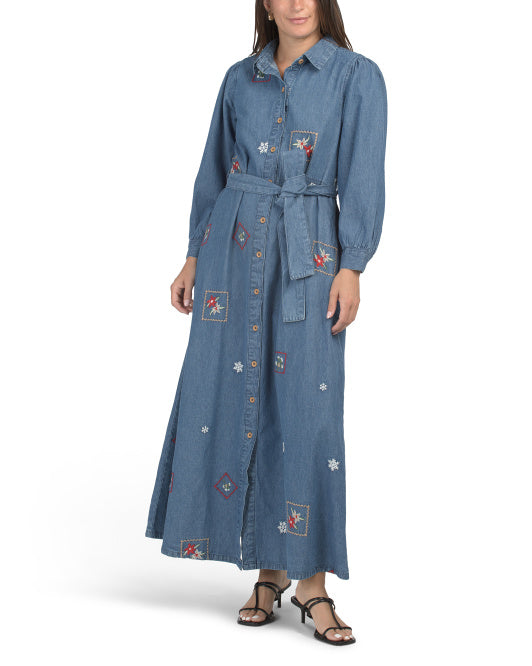 white christmas dresses SOLITAIRE Long Sleeve Embroidered Denim Maxi Dress With Rope Belt – VinNews  Recommendations
