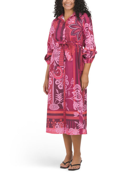 CELINA MOON Long Sleeve Floral Striped Midi Dress With Belt