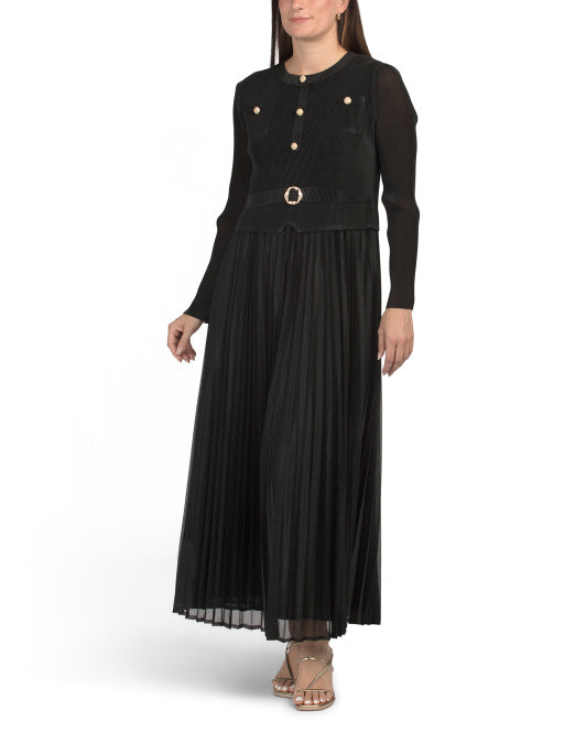 NANCY YANG Twofer Pleated Maxi Dress