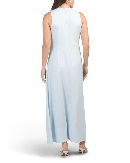 WHITE CLOSET Linen Blend Pleated Maxi Dress