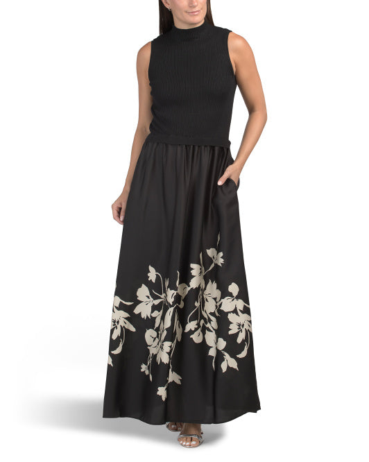 TAYLOR Knit Top Twofer Maxi Dress With Printed Skirt