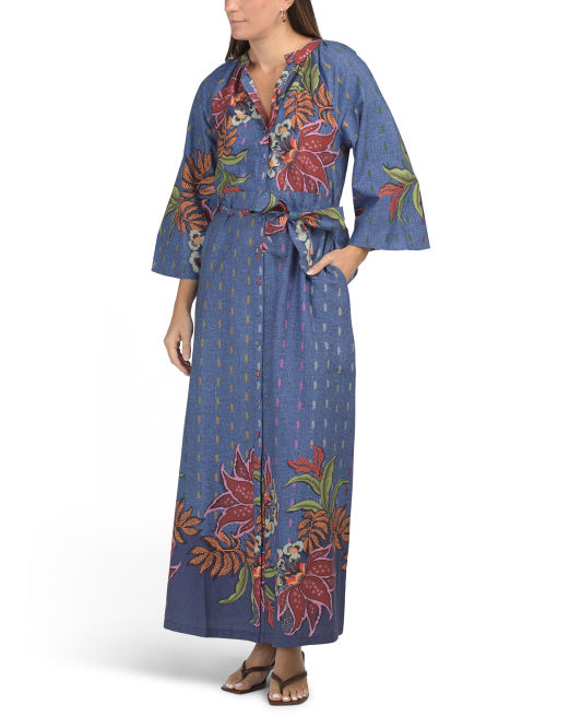 CELINA MOON Mock Neck Bell Sleeve Denim Floral Maxi Dress
