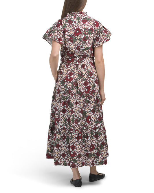 LEA Short Sleeve Ruffle Collar Maxi Dress