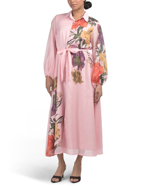 NANCY YANG Long Sleeve Floral Maxi Shirt Dress