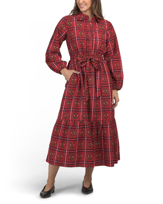 LEA Long Sleeve Plaid Floral Maxi Shirt Dress
