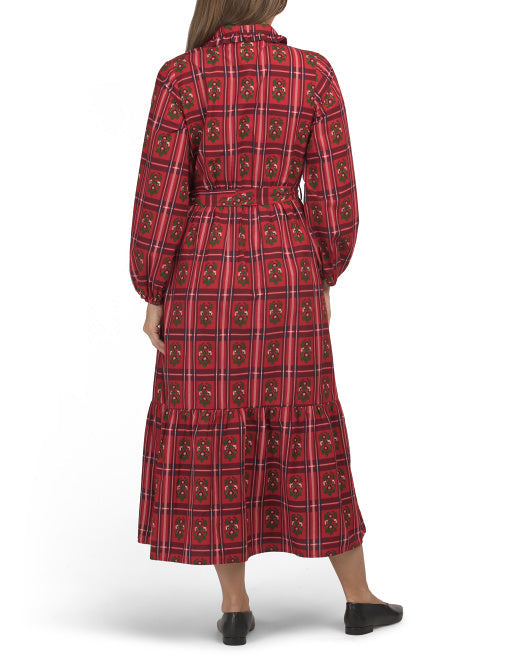 LEA Long Sleeve Plaid Floral Maxi Shirt Dress