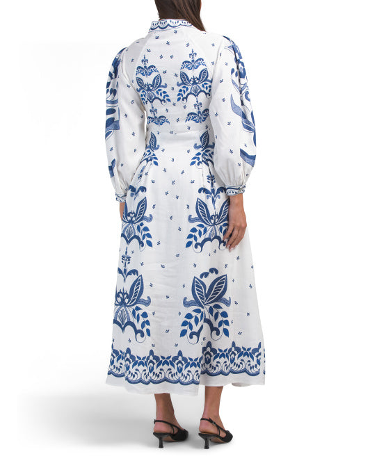 MAGASCHONI Linen Blend V-neck Button Front Dress With Print Details