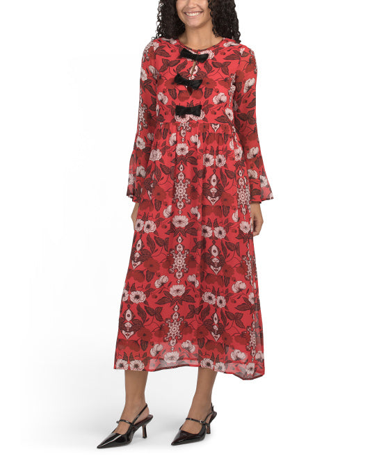 BEYOND BY VERA Long Sleeve Velvet Bow Front Maxi Dress