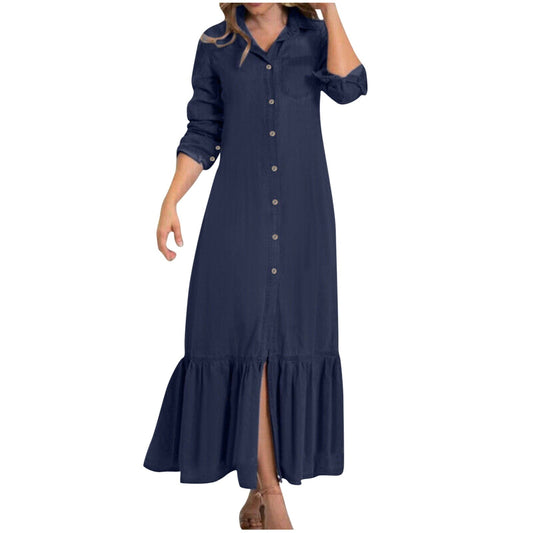 thumbnail image 1 of safuny Women's Tea Length Denim Shirt Dress Solid Color Pocket Long Sleeve Lapel Button Elegant Casual Daily Jean Ruffle Hem Trendy Dresses Holiday Dark Blue S, 1 of 6