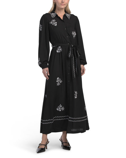 LEA Long Sleeve Floral Embroidered Shirt Dress