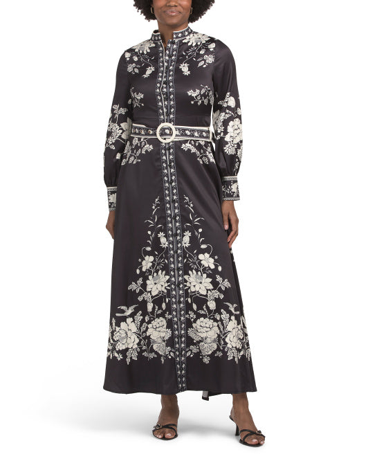DALIA MACPHEE Long Sleeve Mock Neck Maxi Dress With Belt
