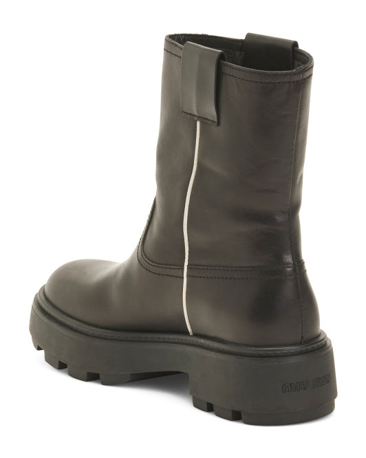 MIU MIU Made In Italy Leather Vit Pull Tab Ankle Booties