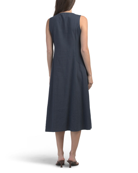 LINA TOMEI Made In Italy Linen Blend Jewel Collar V-neck Maxi Dress