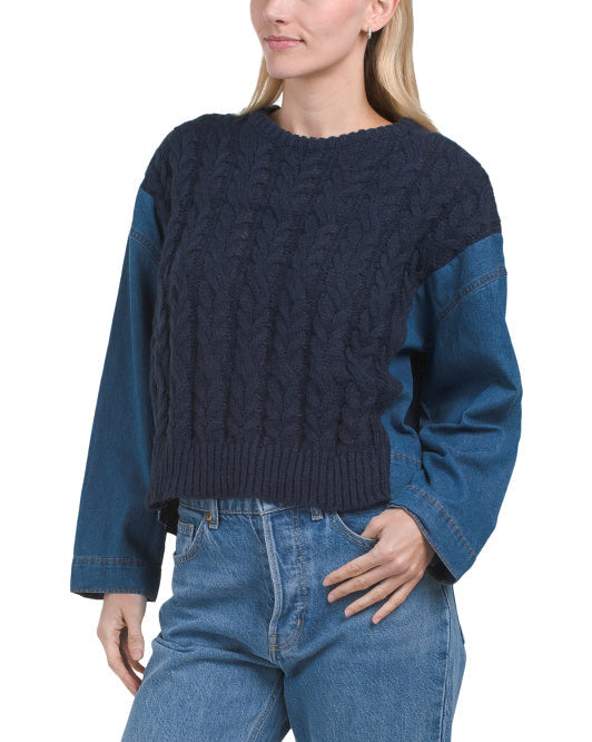 COCOBLEU Denim And Cable Knit Sweater