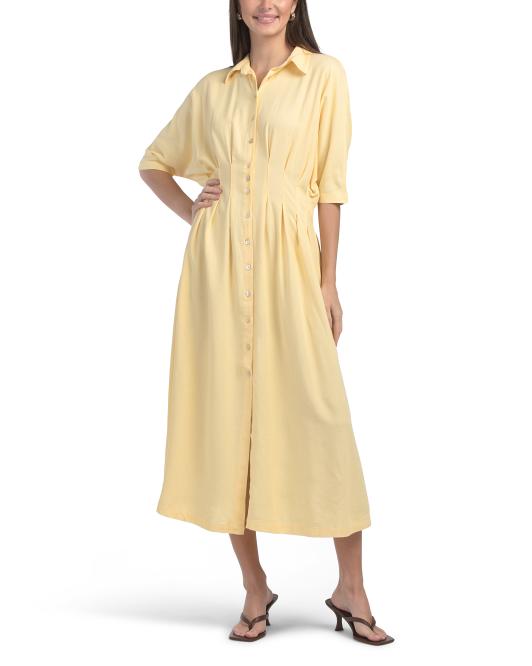 4 OUR DREAMERS Linen Blend Pintuck Waist Shirt Dress