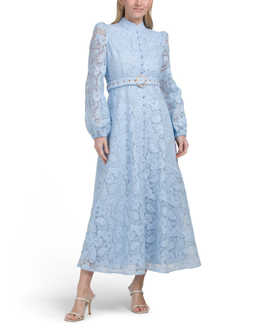 DALIA MACPHEE Long Sleeve Lace Maxi Dress With Belt