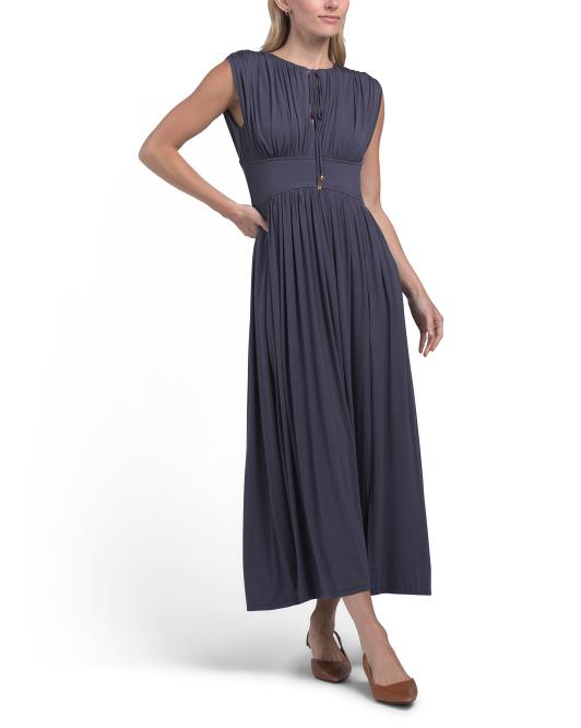 TAYLOR Tie Neck Cinched Waist Maxi Dress