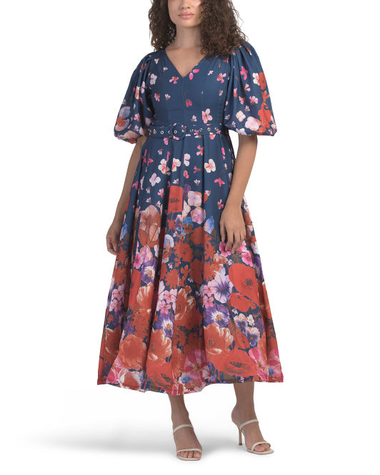 DALIA MACPHEE Puff Sleeve Cascading Floral Maxi Dress With Belt