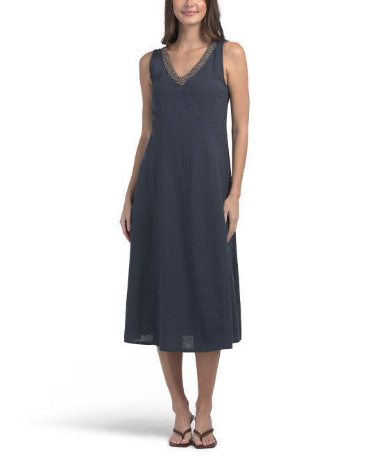 LINA TOMEI Made In Italy Linen Blend Jewel Collar V-neck Maxi Dress