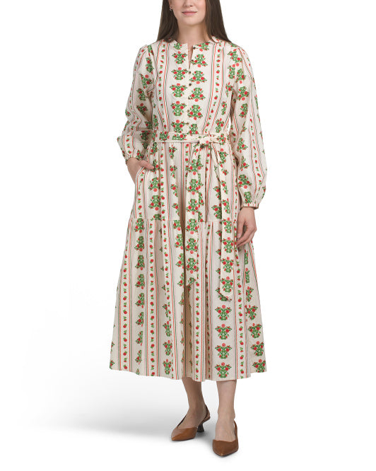 LEA Long Sleeve Floral Print Maxi Dress With Tie Waist