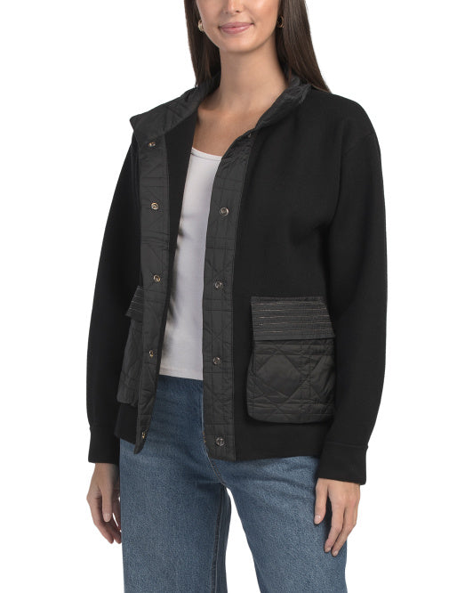 METRIC KNITS Long Sleeve Jacket With Quilted Woven High Collar