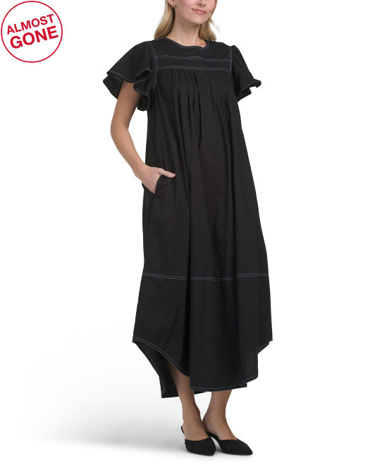 LEA Short Sleeve Whipstitch Pleated Maxi Dress