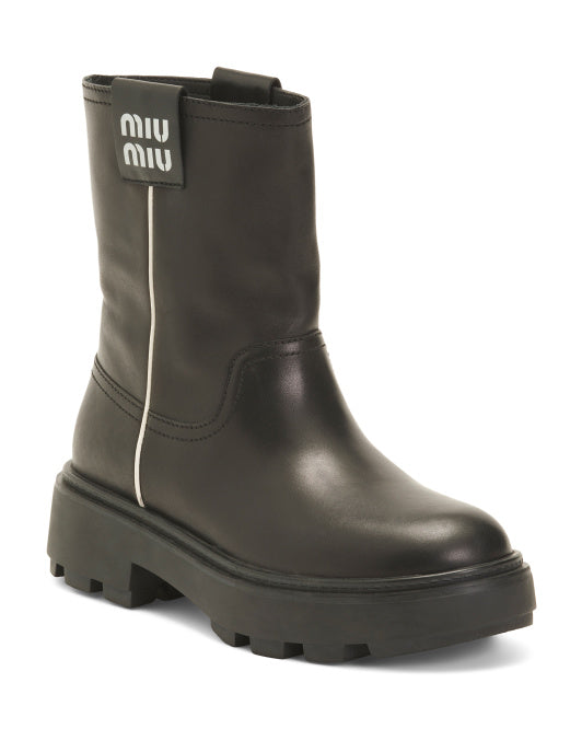 MIU MIU Made In Italy Leather Vit Pull Tab Ankle Booties