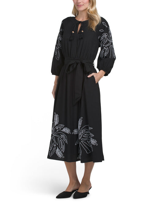 LEA Three Quarter Sleeve Embroidered Midi Dress