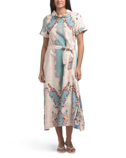 LE RAGAZZE Made In Italy Linen Blend Short Sleeve Belted Maxi Dress