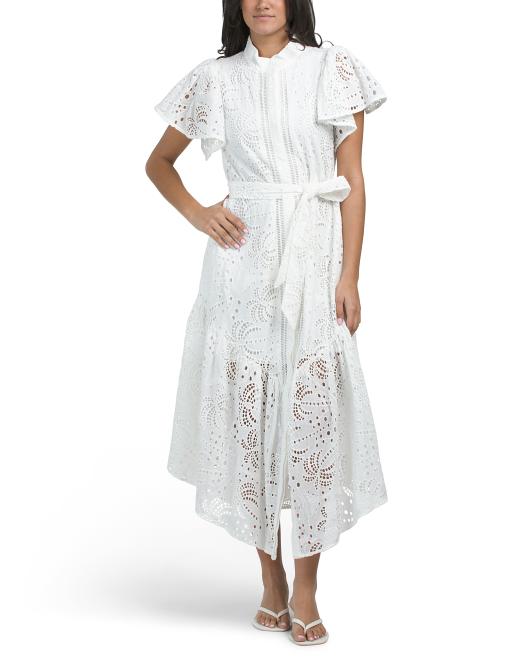 CIEBON Isabella Palm Embroidered Midi Shirt Dress
