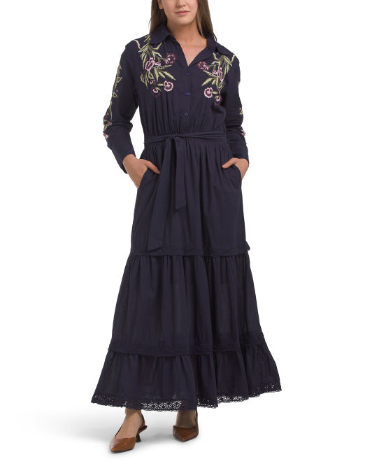 SOLITAIRE Long Sleeve Embroidered Floral Tiered Maxi Dress With Belt