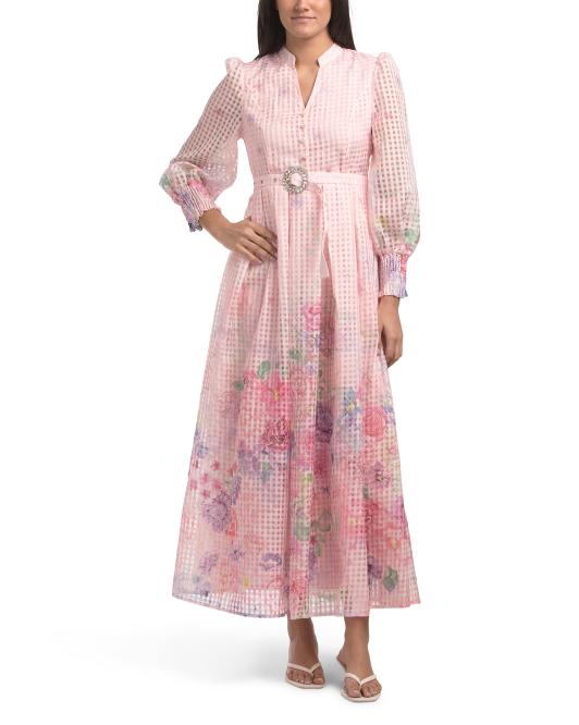 DALIA MACPHEE Long Sleeve Floral Maxi Dress With Belt
