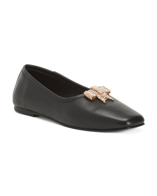 FREDA SALVADOR Made In Spain Leather Jada Ballet Flats With Crystal Bow Accents