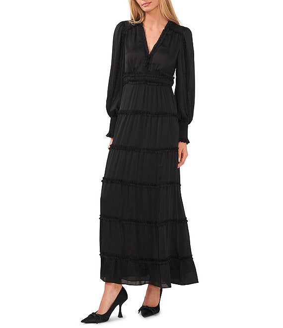 Color:Rich Black - Image 1 - Plisse Satin Ruffle Deep V-Neck Long Smocked Cuff Sleeve Tiered Maxi Dress