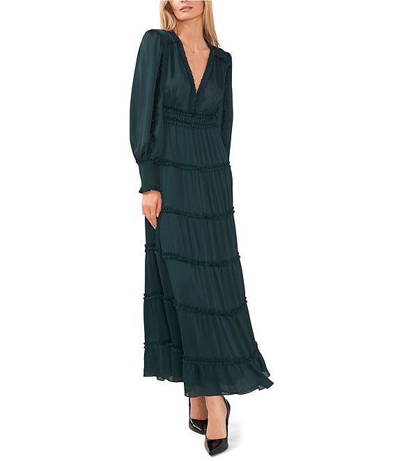 Color:Ponderosa Pine - Image 1 - Plisse Satin Ruffle Deep V-Neck Long Smocked Cuff Sleeve Tiered Maxi Dress