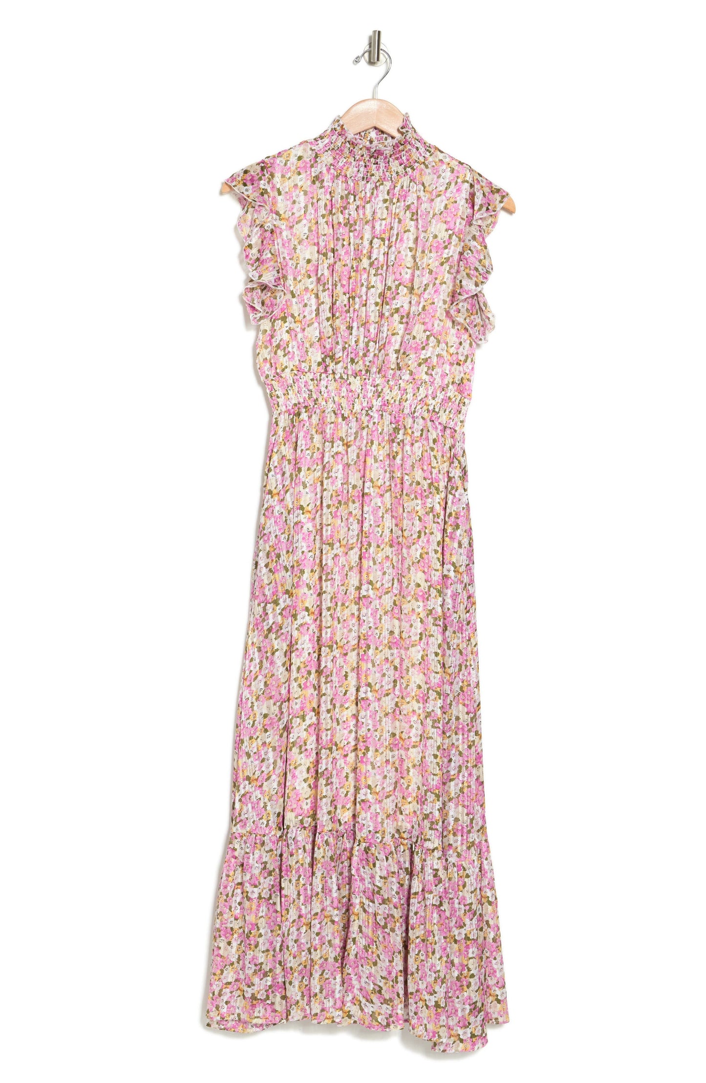 MELLODAY Smocked Mock Neck Tiered Maxi Dress, Alternate, color, PINK/ WHITE