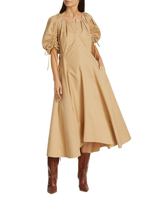 Rayla Drawstring Puff-Sleeve Flared Midi-Dress