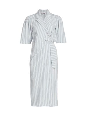 GANNI
 Striped Draped Wrap Midi-Dress