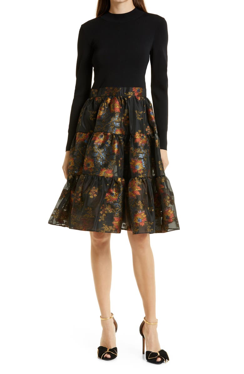 TED BAKER LONDON Audria Mixed Media Long Sleeve Tiered Dress