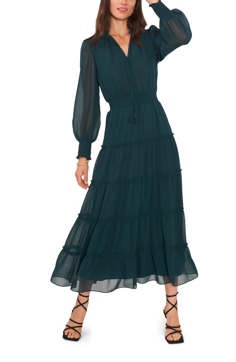1.STATE Tie Neck Long Sleeve Tiered Maxi Dress