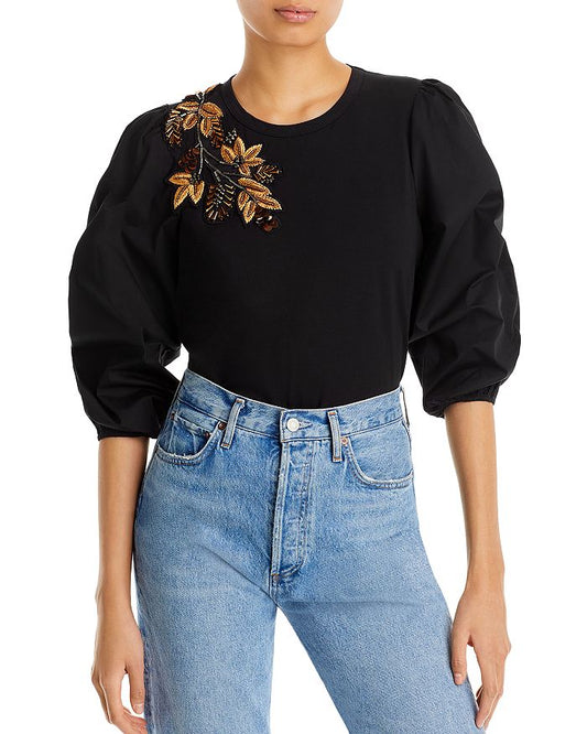 Veronica Beard - Franchi Floral Embellished Puff Sleeve Top